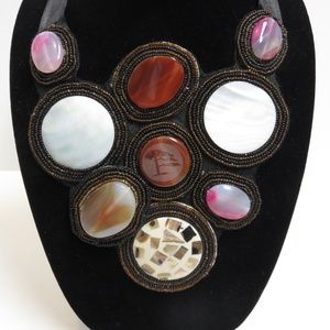 Beaded Shell Bib Necklace  Adjustable Ribbon  NWOT